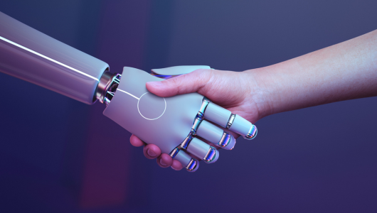 Ilustración de un apretón de manos entre la mano de un robot y una mano humana