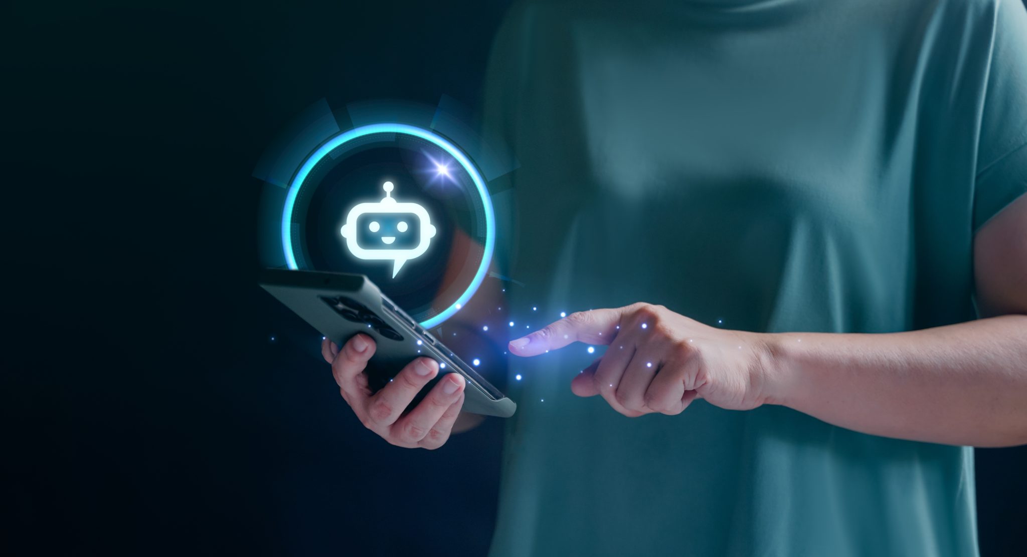 Visuel homme interagissant avec une interface de messagerie virtuelle