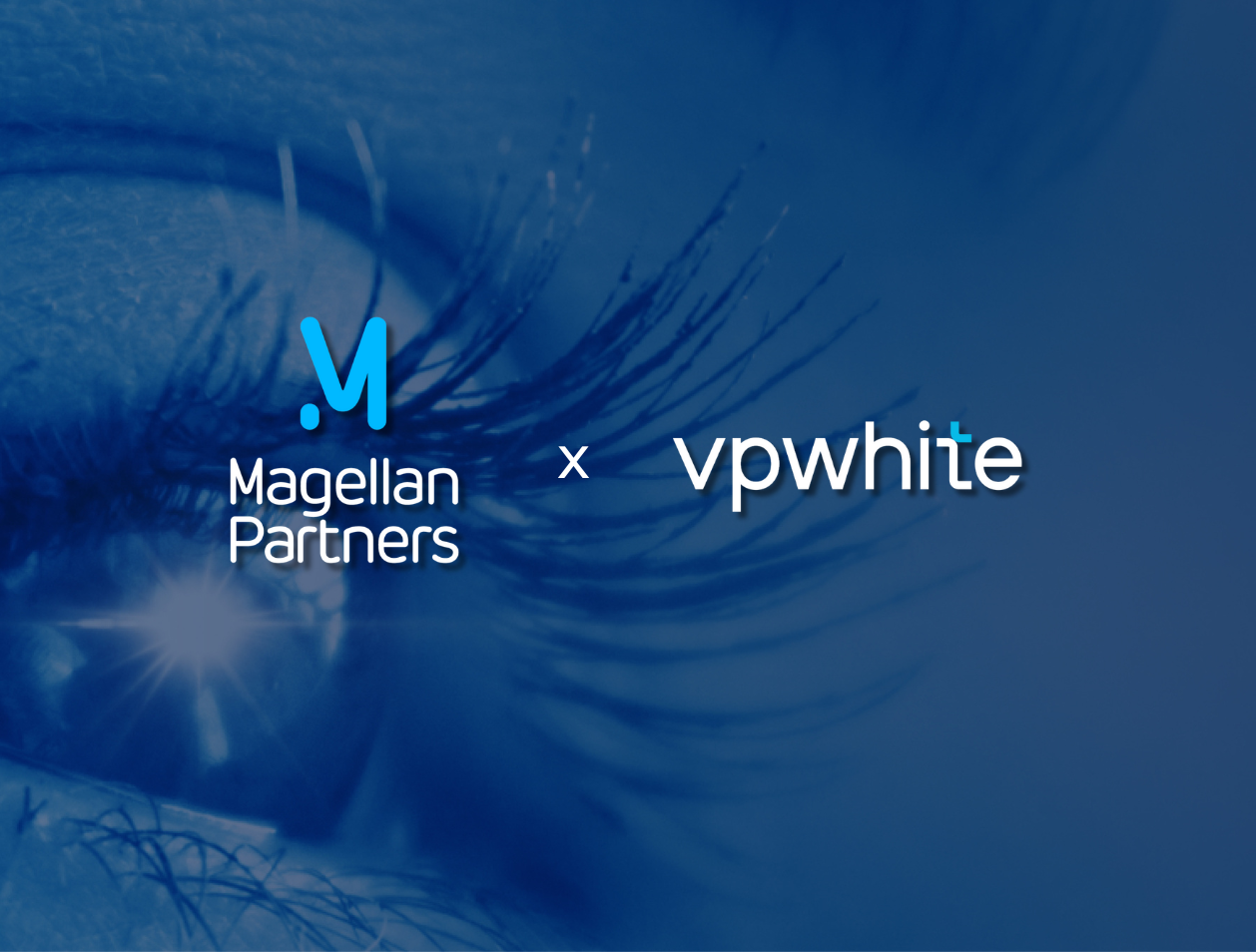 Illustration œil de femme avec fondu bleu en fond et logo Magellan Partners et VPWhite devant