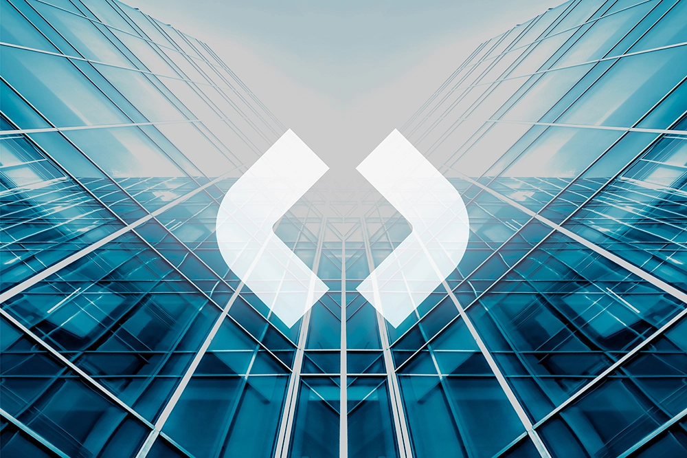 Illustration bâtiment vitré avec logo VPWhite devant