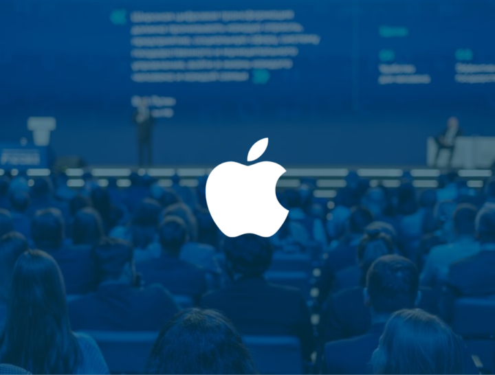 Illustration de personnes assistants à une conférence avec logo Apple devant
